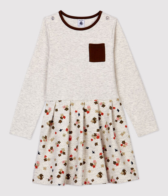 Abito bambina a maniche lunghe in cotone beige MONTELIMAR/bianco MULTICO